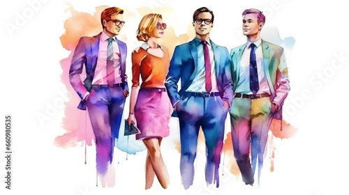 4 business people standing side by side, watercolor style illustration