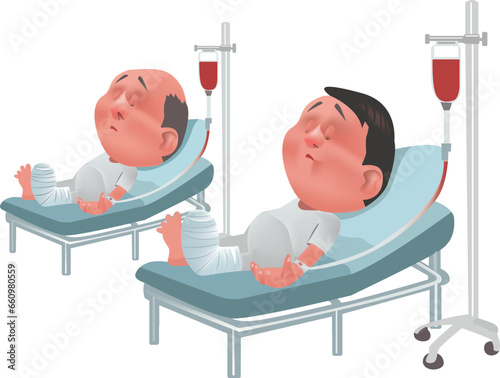 A person is giving blood to a patient.