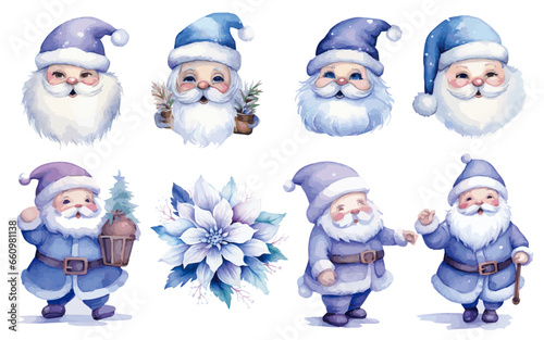 santa claus collection watercolor vectors in sky blue and purple lavender 