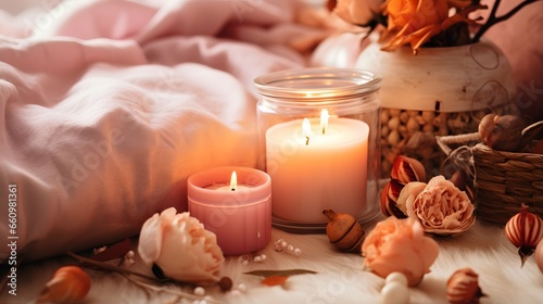 Pumpkin spice potpourri and candles, cozy background layout photo