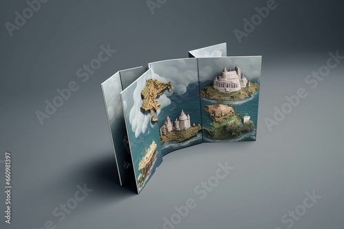 Tri-fold brochure design displayed on a gray background, featuring a 3D illustration and rendering. Generative AI