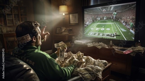 A football fan watching a game on TV with the TV printing money out. The money lands on a side table. photo