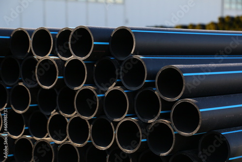 PE pipe plant, Industrial PE pipeline for gas and water. HDPE pipe, Polyethylene PE100 pipe. Polyethylene pipe plant