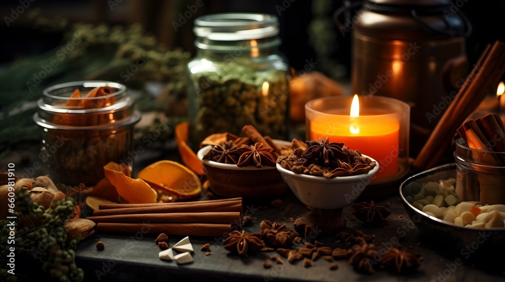 Pumpkin spice potpourri and candles, cozy background layout