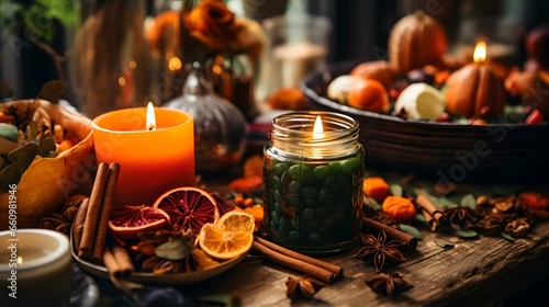 Pumpkin spice potpourri and candles  cozy background layout