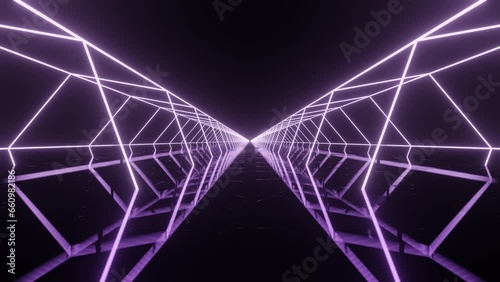 Flight between two polygonal neon tunnels. Abstract sci fi geometric background. Corridor. Futuristic concept. Glowing structure with reflections. Moving forward 3d animation (ID: 660982186)