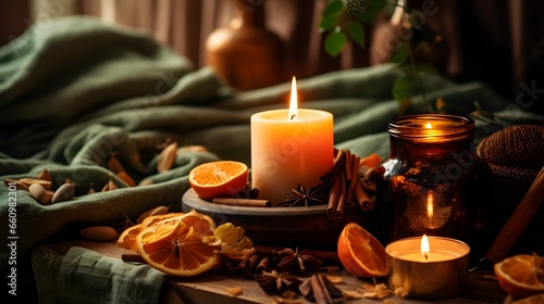Pumpkin spice potpourri and candles  cozy background layout
