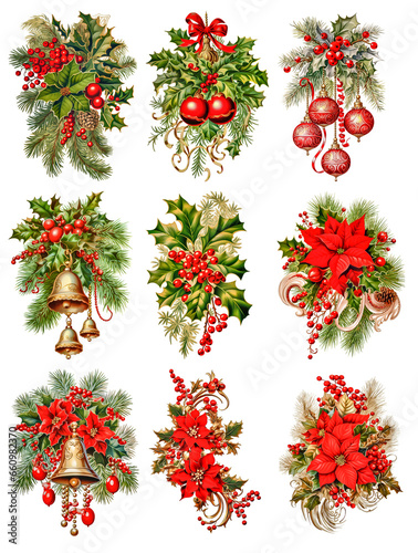 set of christmas bells , floral ornament and poinsettis with holly leaves and red berries. PNG transparent background