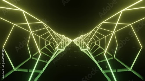 Flight between two polygonal neon tunnels. Abstract sci fi geometric background. Corridor. Futuristic concept. Glowing structure with reflections. Moving forward 3d animation (ID: 660982383)