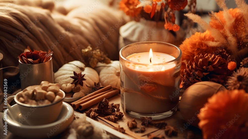 Pumpkin spice potpourri and candles, cozy background layout Pumpkin spice potpourri and candles, cozy background layout