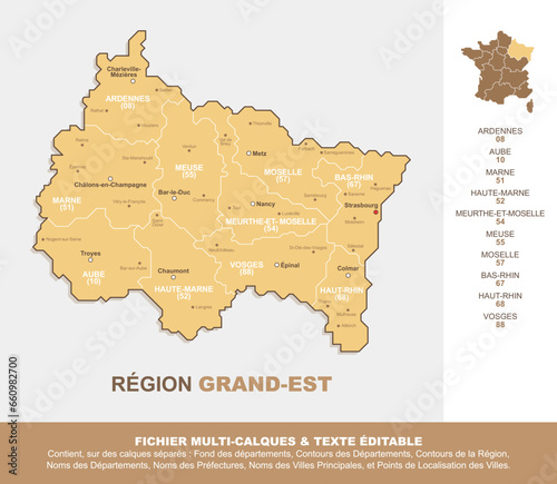 Carte de la région Grand-Est, ses départements et ses villes