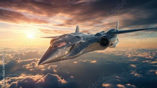 Conceptual futuristic airplane full body view flying in the beautiful dramatic sky