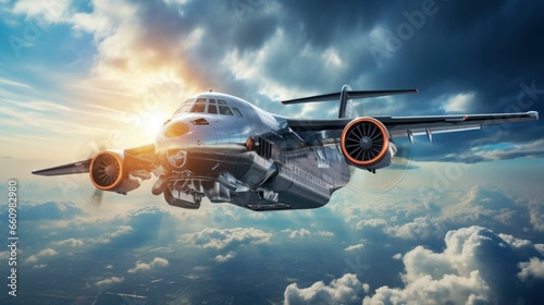 Conceptual futuristic airplane full body view flying in the beautiful dramatic sky