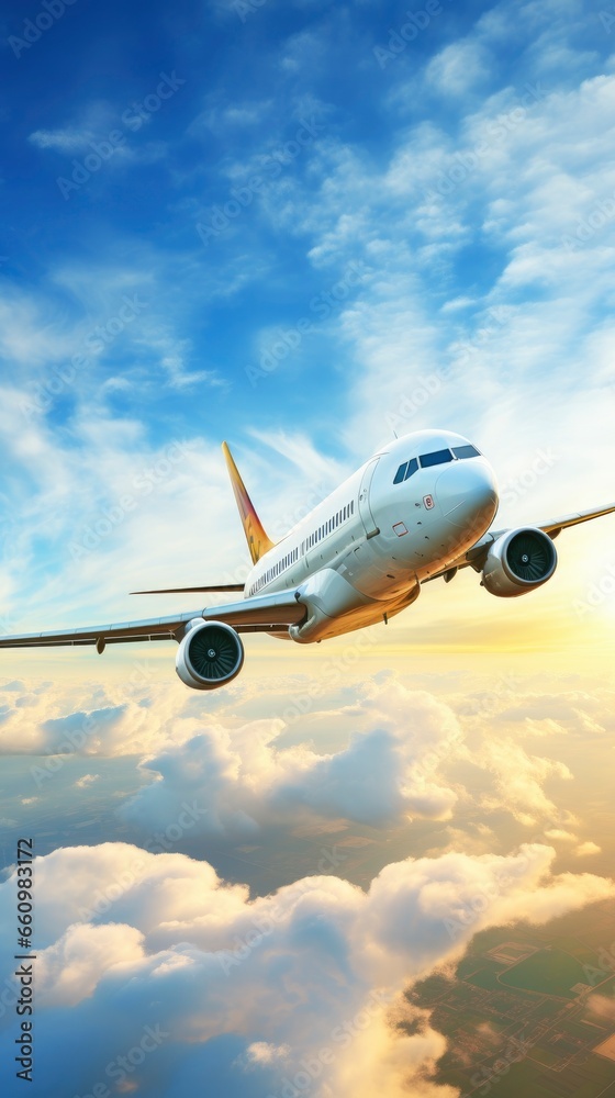 Obraz premium Modern passenger airplane flying in the fantastic beautiful bright sky