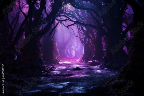 Mesmerizing purple woods adorned with neon lights and mist, evoking an enigmatic ambiance. Generative AI © Octavia