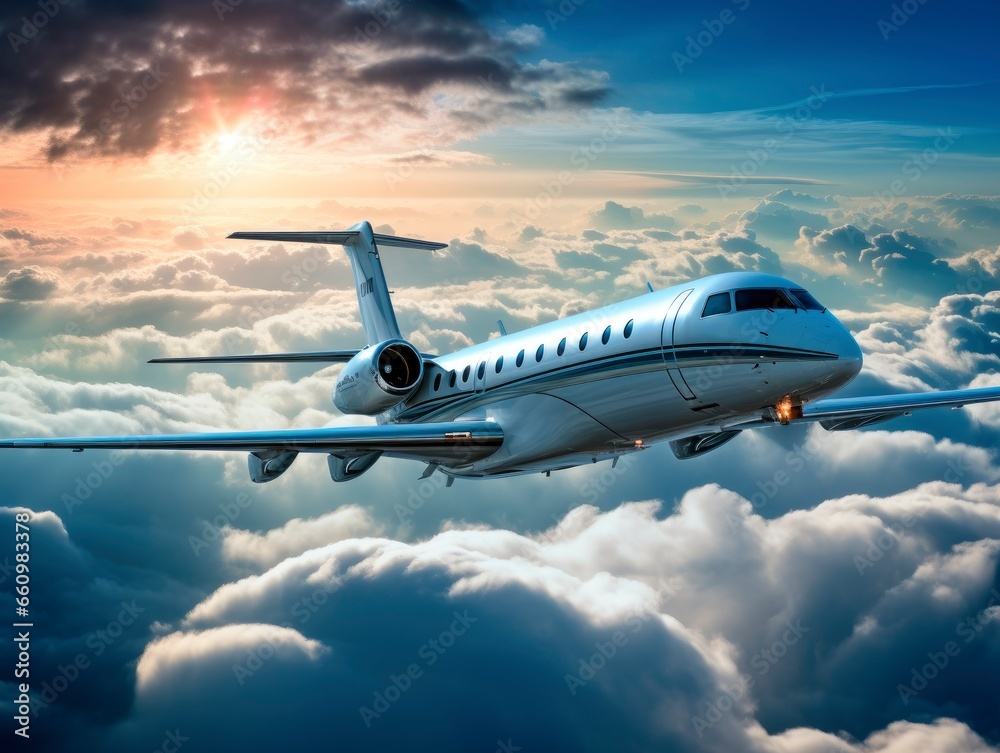 Naklejka premium Modern private jet airplane flying in the beautiful sunset sky
