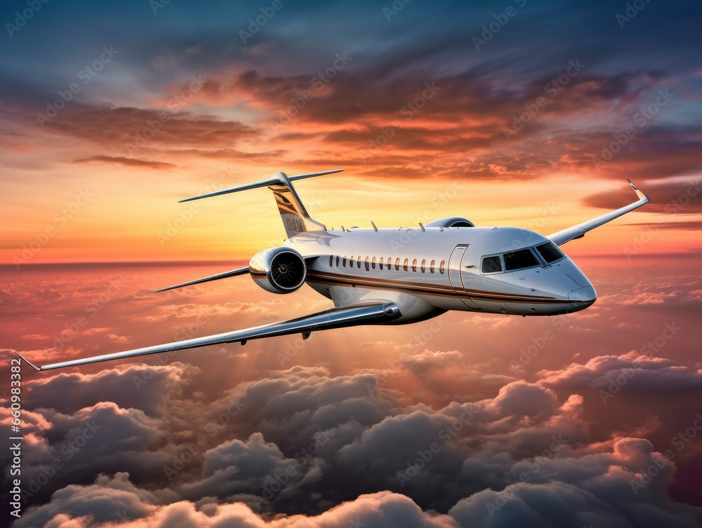 Modern private jet airplane flying in the beautiful sunset sky