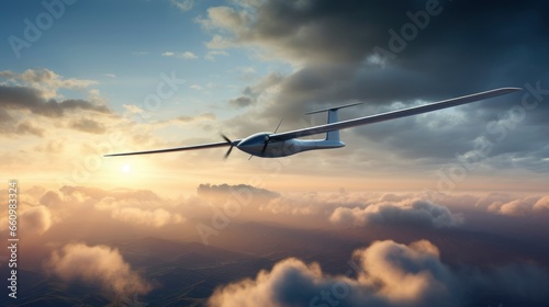 Modern glider flying in the beautiful bright sky