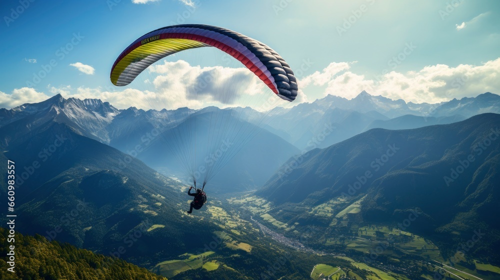 Paraglider flying in the beautiful valley between mountains Paraglider flying in the beautiful valley between mountains