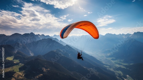 Paraglider flying in the beautiful valley between mountains