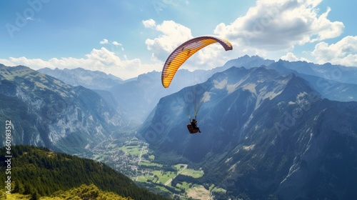Paraglider flying in the beautiful valley between mountains © shooreeq