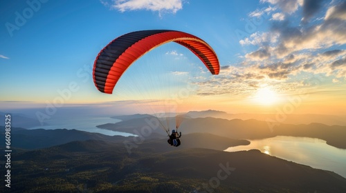 Paraglider flying in the beautiful valley between mountains