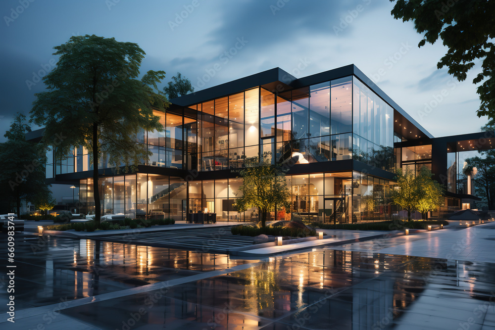 Luxurious villa with transparent glass walls at dusk