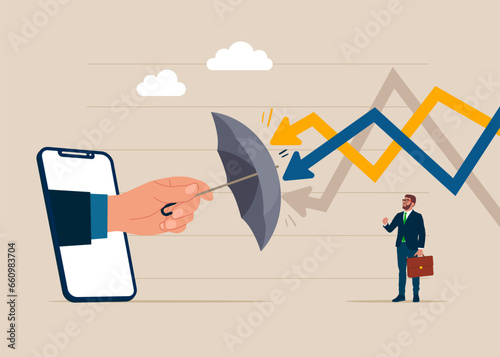 Hand out of phone holding umbrella to cover and protect from downturn arrow.  Defensive stock in economy crisis or market crash. Vector illustration