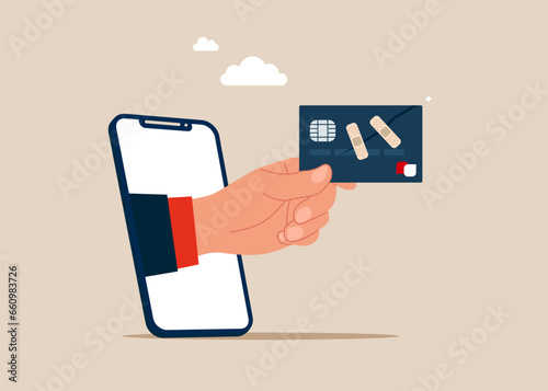 Hand with fixed and repaired credit card with bandage. Recover from financial mistake. Flat vector illustration