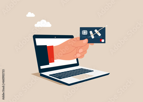 Hand out of laptop holds fixed and repaired credit card with bandage. Recover from financial mistake. Vector illustration