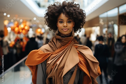 Portrait of attractive afro american black woman wearing fashion eco clothes in natural autumn beige and orange colors. Shopping concept. Close up.