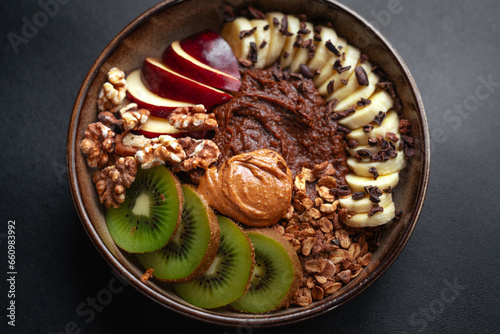 Chocolate Oatmeal with Kiwi Banana Apple Peanut Butter
