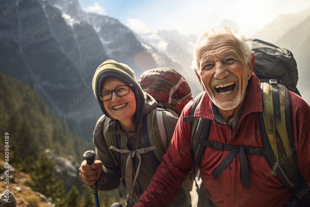 In a mountainous landscape, elderly hikers climb along a rugged trail, their faces beaming with delight as they embrace the challenges of the ascent, their smiles a testament to th 