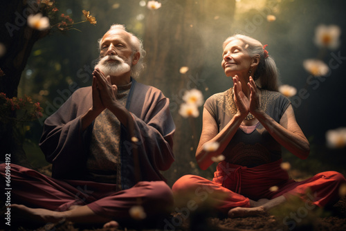 In a serene forest glade, elderly individuals practice yoga, their smiles radiant as they strike poses in perfect harmony with nature, emphasizing the mental and physical benefits 