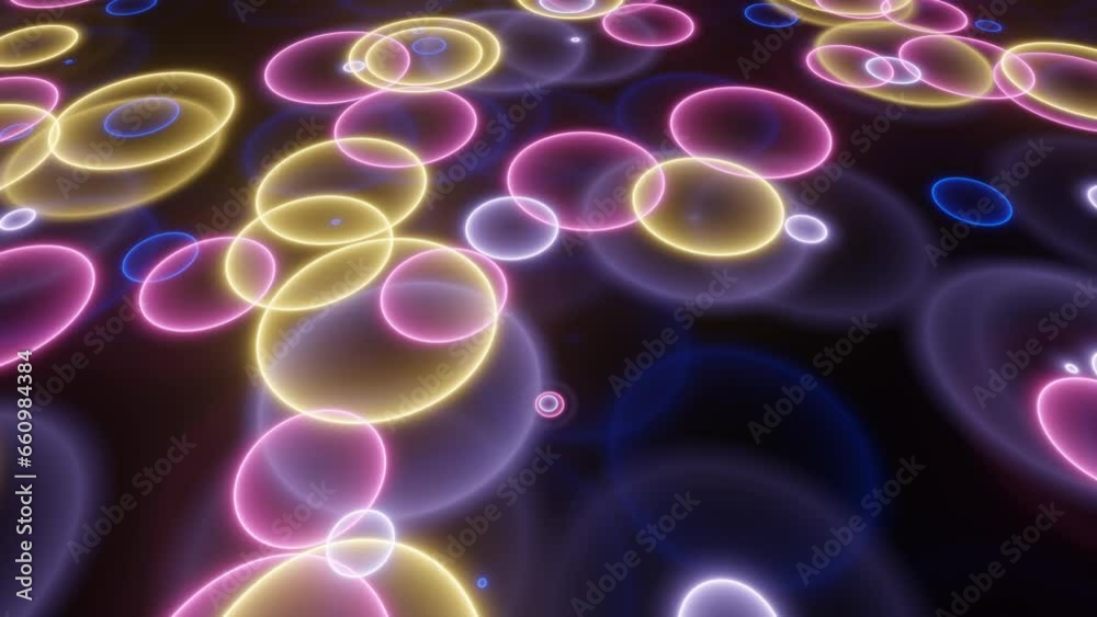 neon glowing dynamic circles on a plane in a dark space. simple animated background. modern multicolor rings with bright neon effect