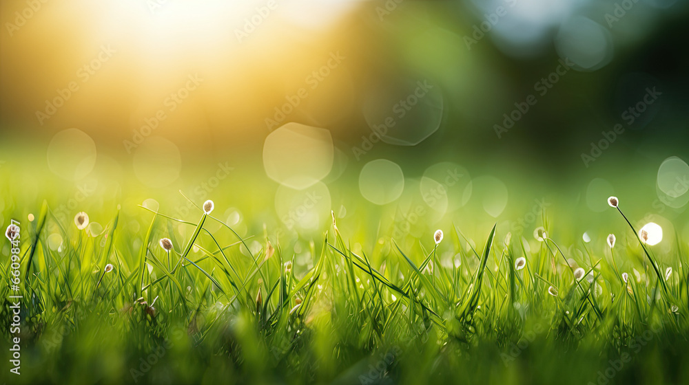 banner background, grass from the bottom angle, bright bokeh behind 