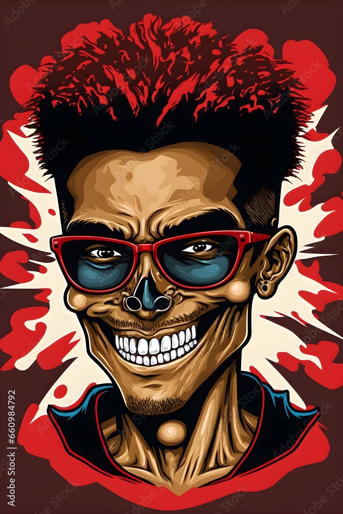 american man smiling with red glasses happy cartoon character boondocks anime headshot with skulls background cartoon 