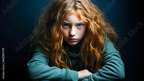 Haunting image of a scared redhead girl, hugging her knees in a dimly lit corner. photo