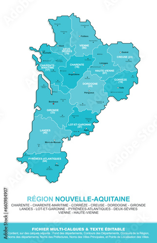 Carte de la région Nouvelle-Aquitaine, ses départements et ses villes photo