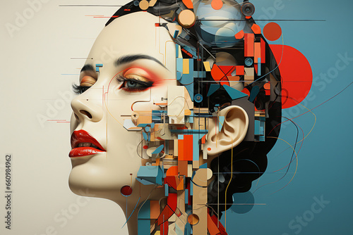 Trendy abstract illustration of woman in vintage minimalistic geometry elements Generative AI picture