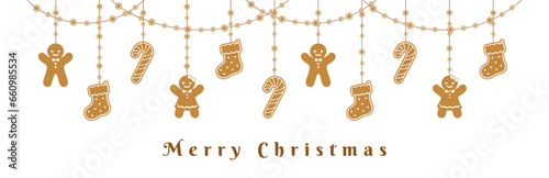 Merry Christmas Border Banner, Hanging Gingerbread Cookies Garland. Winter Holiday Season Header Decoration. Biscuits in Festive Shapes for web banner template. Vector illustration.