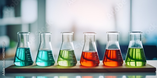 Laboratory Volumetric Flask Measuring Cylinder Conical Flask Background, Colorful Chemicals in Beaker, GENERATIVE AI