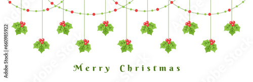Merry Christmas Border Banner, Hanging Mistletoe Garland. Winter Holiday Season Header Decoration. Vector illustration.