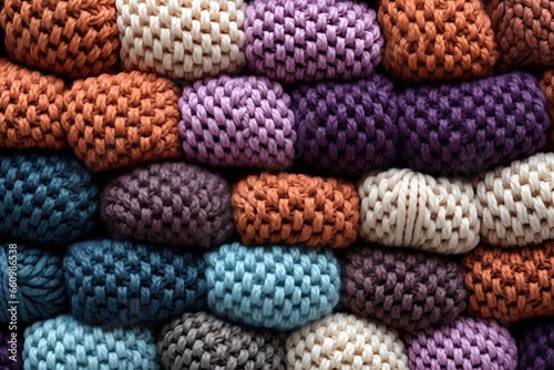 Stack of knitted colorful warm sweaters. Wool fabric texture. Closeup macro shot. Background design. Generative Ai