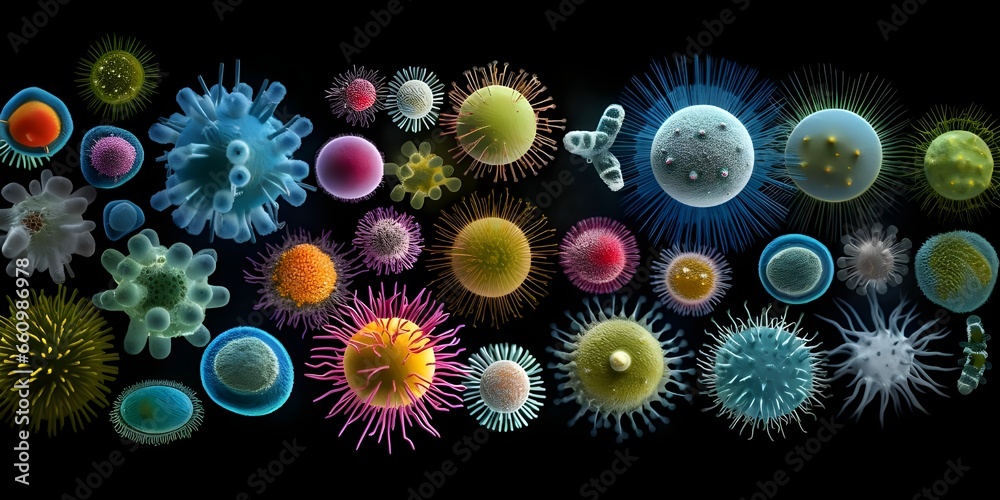 Pathogenic bacteria and viruses microscopic microbes that cause infectious diseases viral and bacterial infections, 
Microorganism Stock, GENERATIVE AI


 - obrazy, fototapety, plakaty 