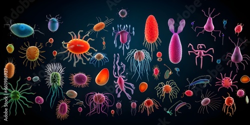 Bacteria and virus vector icons. germs, coronavirus, prokaryotes, bacteriophage, pathogen hepatovirus and different types of virus color illustration. disease-causing bacterias, viruses and microbes.
 photo