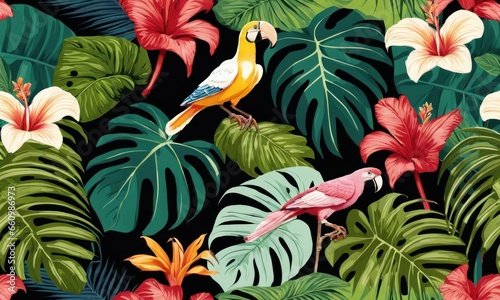 Tropical exotic seamless pattern with birds, monstera, hibiscuc, bromeliad, banana leaves, palm, colocasia. Hand-drawn 3D illustration. Good for production wallpapers, cloth and fabric, Generative AI © Stock Saga