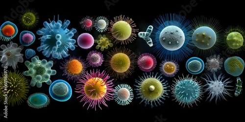 Pathogenic bacteria and viruses microscopic microbes that cause infectious diseases viral and bacterial infections, 
Microorganism Stock, GENERATIVE AI


 photo