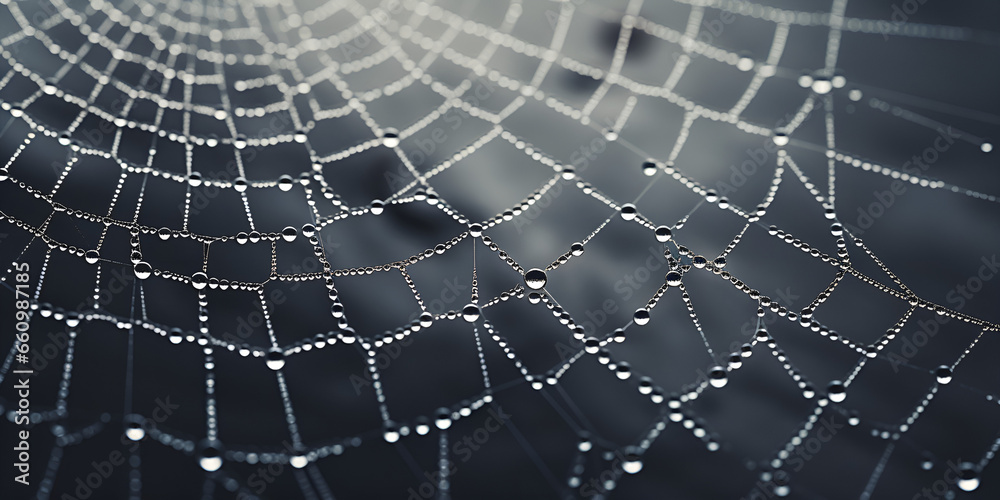spider web with dew drops, Intricate Spider Web Morning Dew, Spiderweb rain close up background. Partial blur view lines spider web necklace. Generative AI
