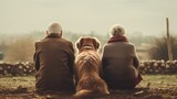 Cute senior elderly couple with loyal dog. Bond of lifelong love and companionship they share. Aged happy pet symbolizes the important aspects of life loyalty, love, and togetherness.